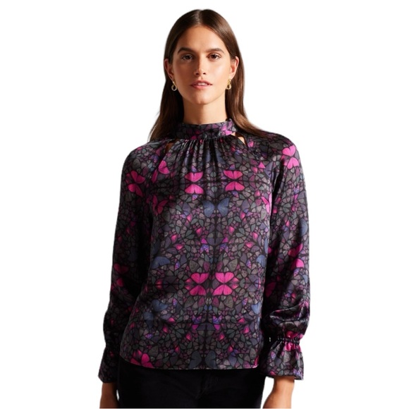 Ted Baker Heidyii Mosaic Butterfly Print Mock Neck Blouse with Cut Outs(6/US 14) - Picture 15 of 15